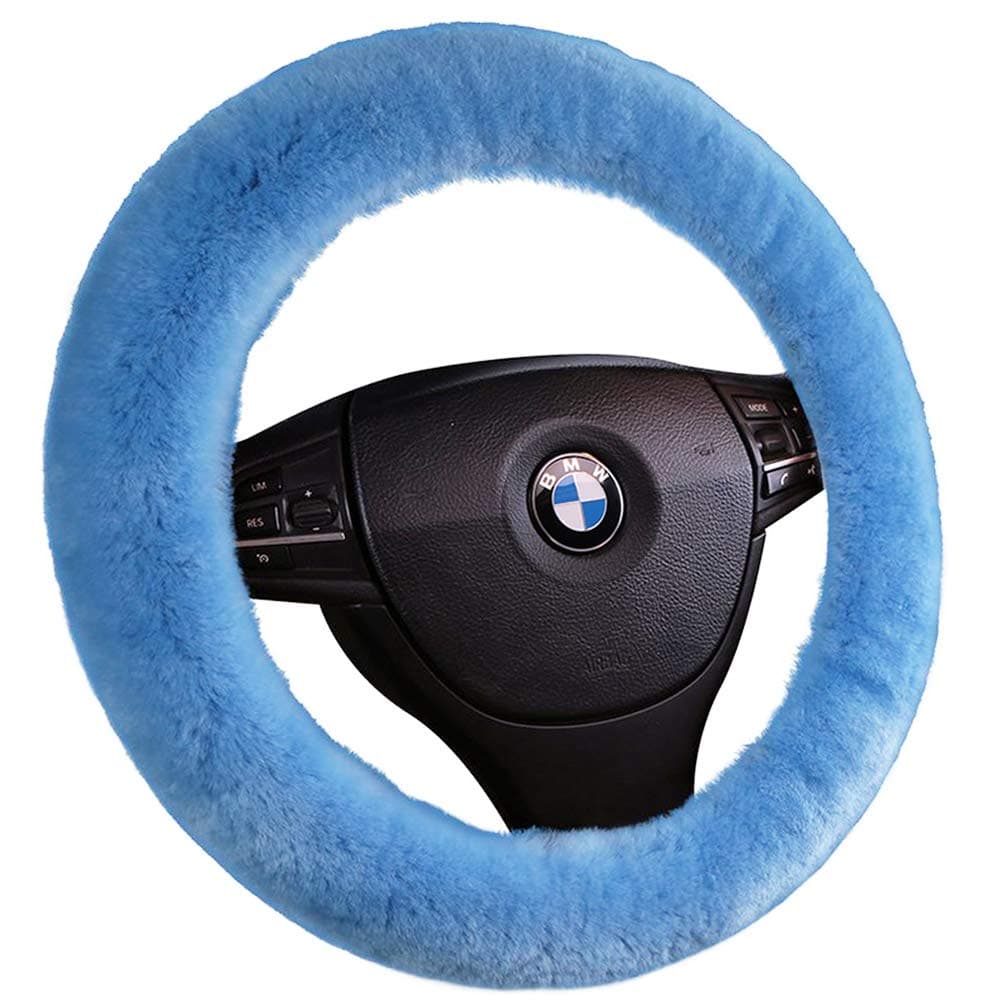 Genuine Sheepskin Wool Steering Wheel Cover - Fluffy Plush Winter Warm Keeper Wheel Protector Universal 36 38 40cm / 14" 15" 16" (Light Blue)