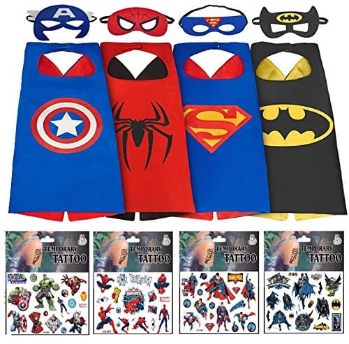 Halloween Superhero Costumes for Boys – 4 Capes and Masks + 4 Superhero Tattooes – Dress Up Kids Toys By MosquitoStation