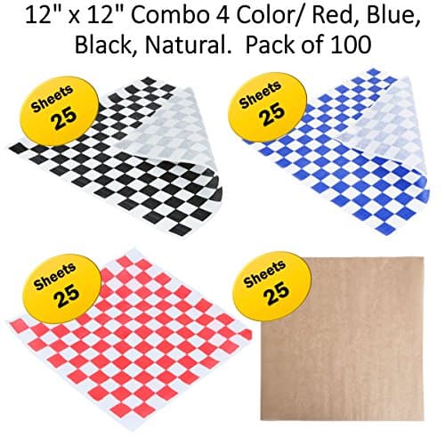 100 Sheets 12 x 12 inch / Combo 4 Color Food Basket Liner Wax Coated Deli Wrapping