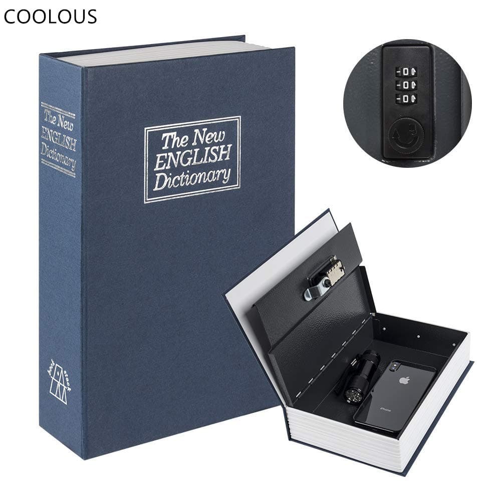 COOLOUS Diversion Book Safe with Combination Lock, Safe Secret Hidden Metal Lock Box,Money Hiding Box,Collection Box,9.5" x 6.1" x 2 .1" Navy Large