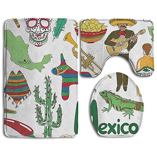 Fun Colorful Sketch Mexico Chili Pyramid Nachos Cactus Music Poncho Pattern Non-Slip Bathroom Rug Shag Shower Mat Machine Washable 3 Piece Bath Mats Bathroom Rug /Contour Mat/ Lid Cover
