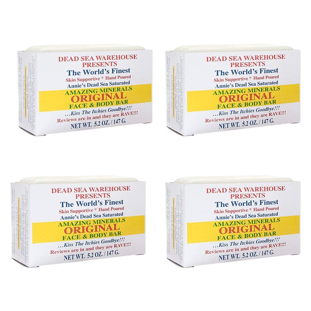 Dead Sea Warehouse - Amazing Minerals Original Face & Body Bar, Dead Sea Salt Cleansing Bar, Handmade in the USA, Mineral Cleanser, Skincare for Clearer Skin, Vegan, Unscented (5.2 oz, 4-Pack)