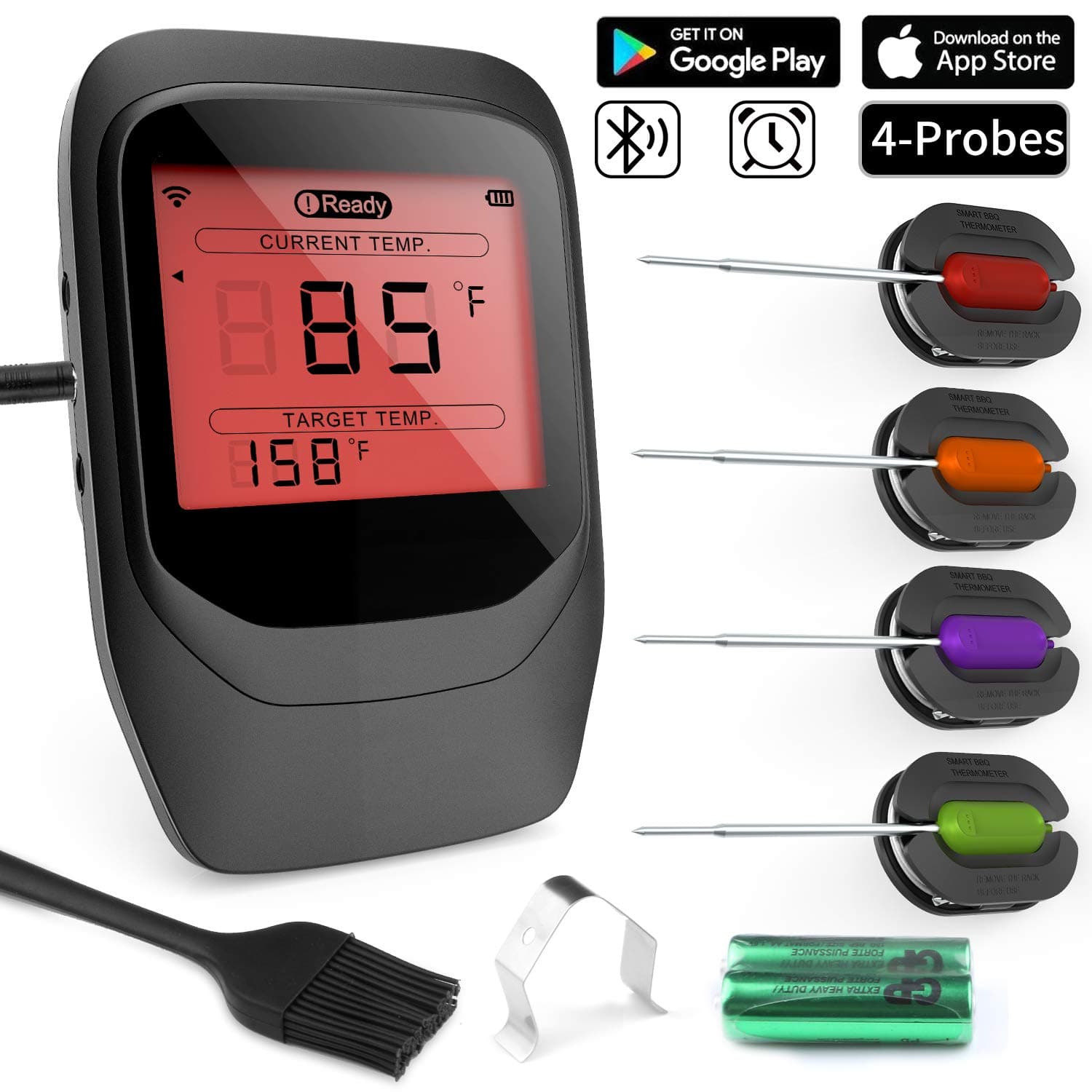 Barbecue Thermometer, Gifort Digital Meat Thermometer Bluetooth,Smart Grill Thermometer with 4 Probes & Clip Remote Monitor for Grilling, Cooking Kitchen Oven, for IOS & Android