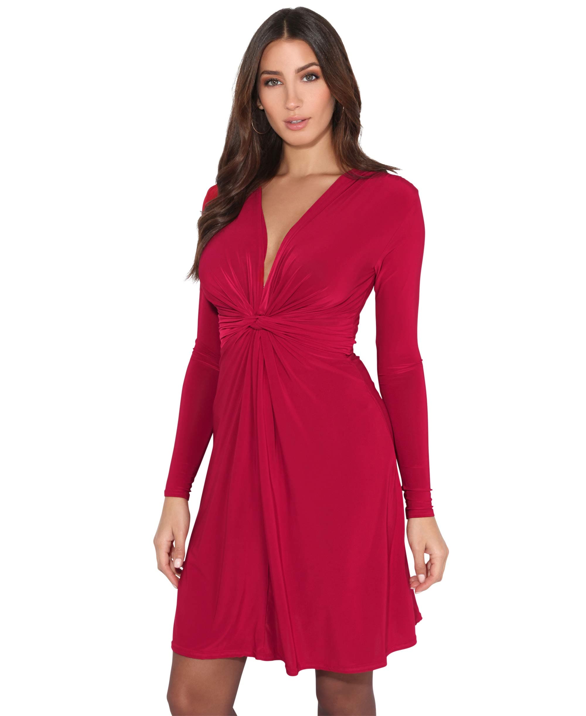 KRISP Women Ruched Knot Front Long Sleeve V Neck Casual Party Dress (Dark Red, 10 UK), 9878-DK/RED-10
