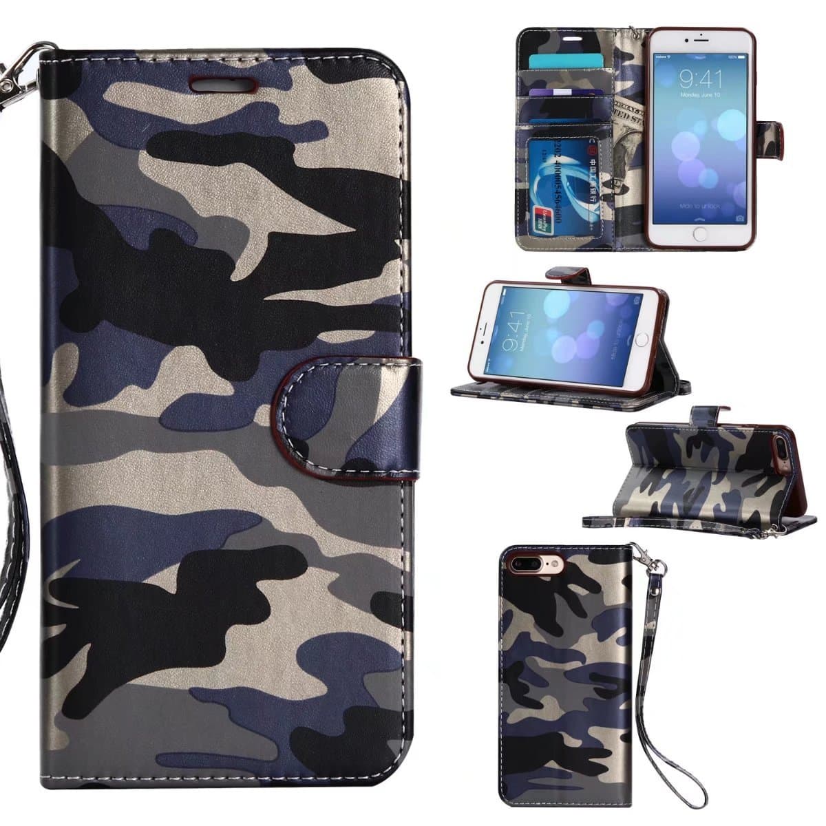 iPhone 7Plus /8Plus 5.5 Case ,MIRAER Army Camo Camouflage Pattern Flip Cover for iPhone 7Plus /8Plus 5.5 inch PU Leather TPU Wallet Cover Phone Bags Cases (Blue)
