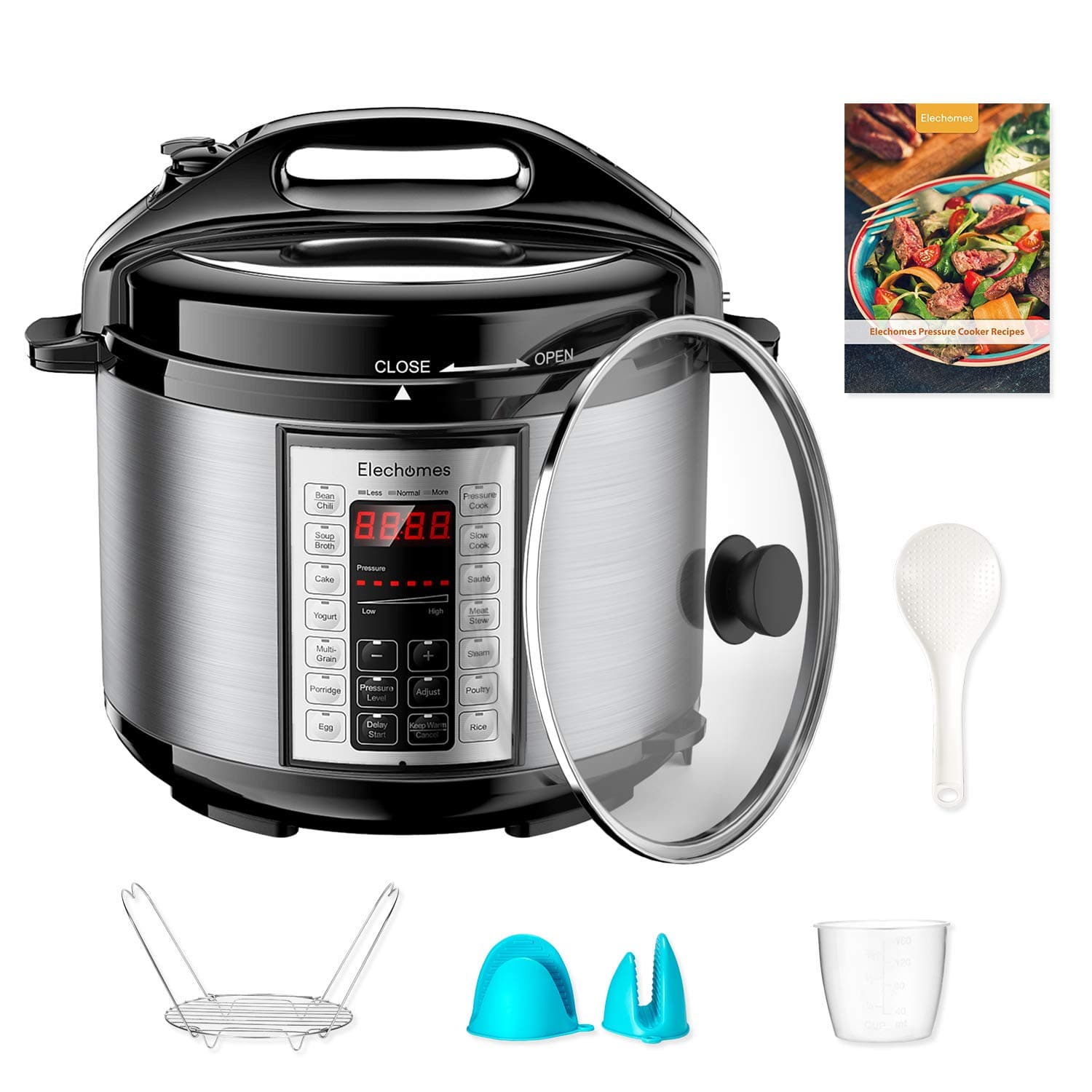 Elechomes 6Qt 9-in-1 Instant Cooking Electric Pressure Cooker, 14 One-Touch Programmable Multi-Cooker with Rich 5 PCS Accessories Set, Yogurt Maker, Slow Cooker, Rice Cooker, Sauté, Steamer, Warmer, Stainless Steel Inner