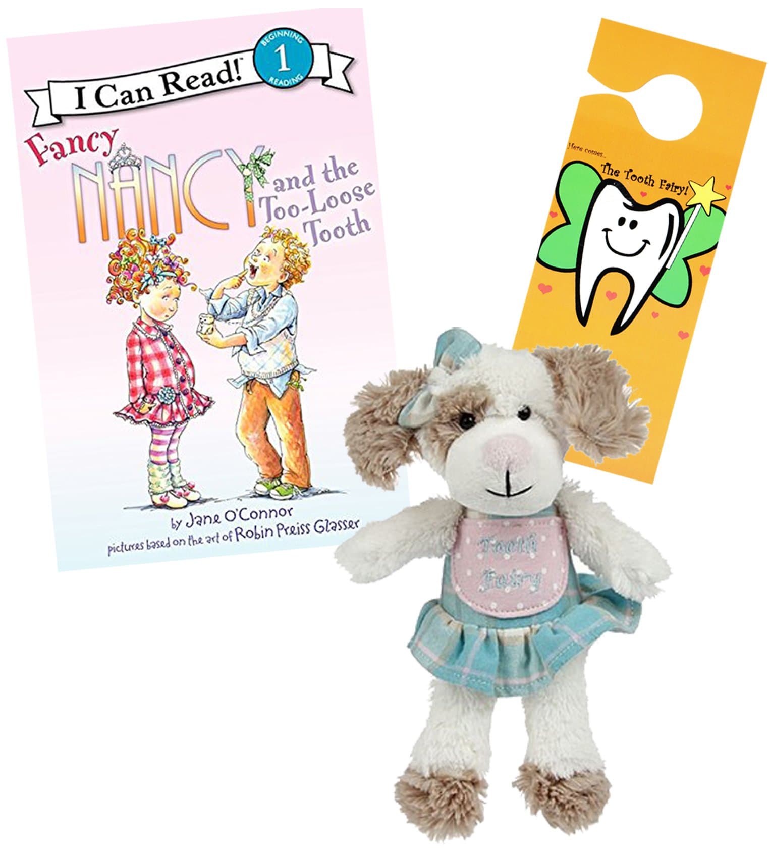Tooth Fairy Kit - Plush Puppy Dog Fairy Figure with Pocket by Masion Chic, Tooth Fairy Book Fancy Nancy and The Too Loose Tooth & Door Hanger for Girls About to Loose Their First Tooth