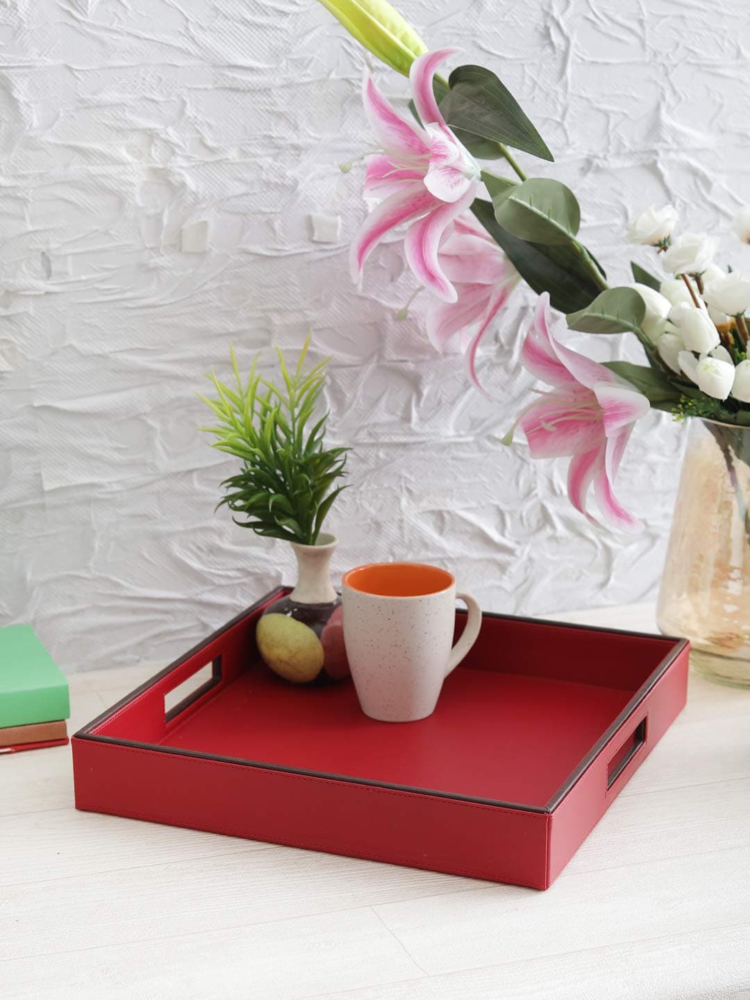 Sammsara ‘Crimson Red & Brown’ Square leatherite Tray Serving Tray with Handles, Tray for Dining Table/Decoration/Storage/Utensils, Size - (L) 13" X (W) 13" X (H) 2", Home décor.