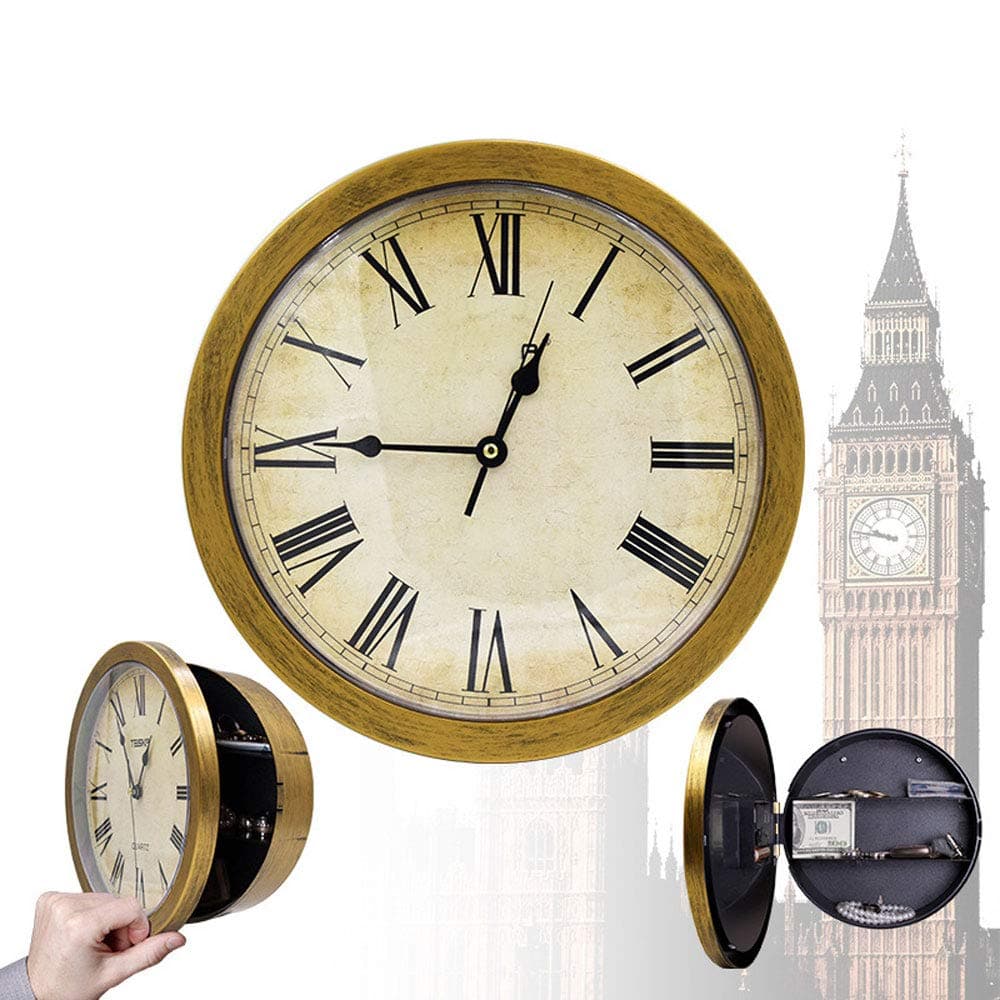 WALL CLOCK Hidden Security Secret Safe Money Box Collection Jewelry Valuables Cash Storage, Gold