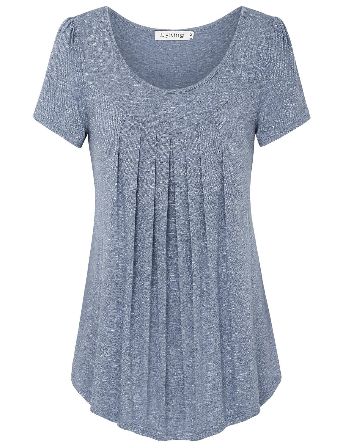 Lyking Women's Scoop Neck Pleated Blouse Top Short Sleeve Tunic Shirt