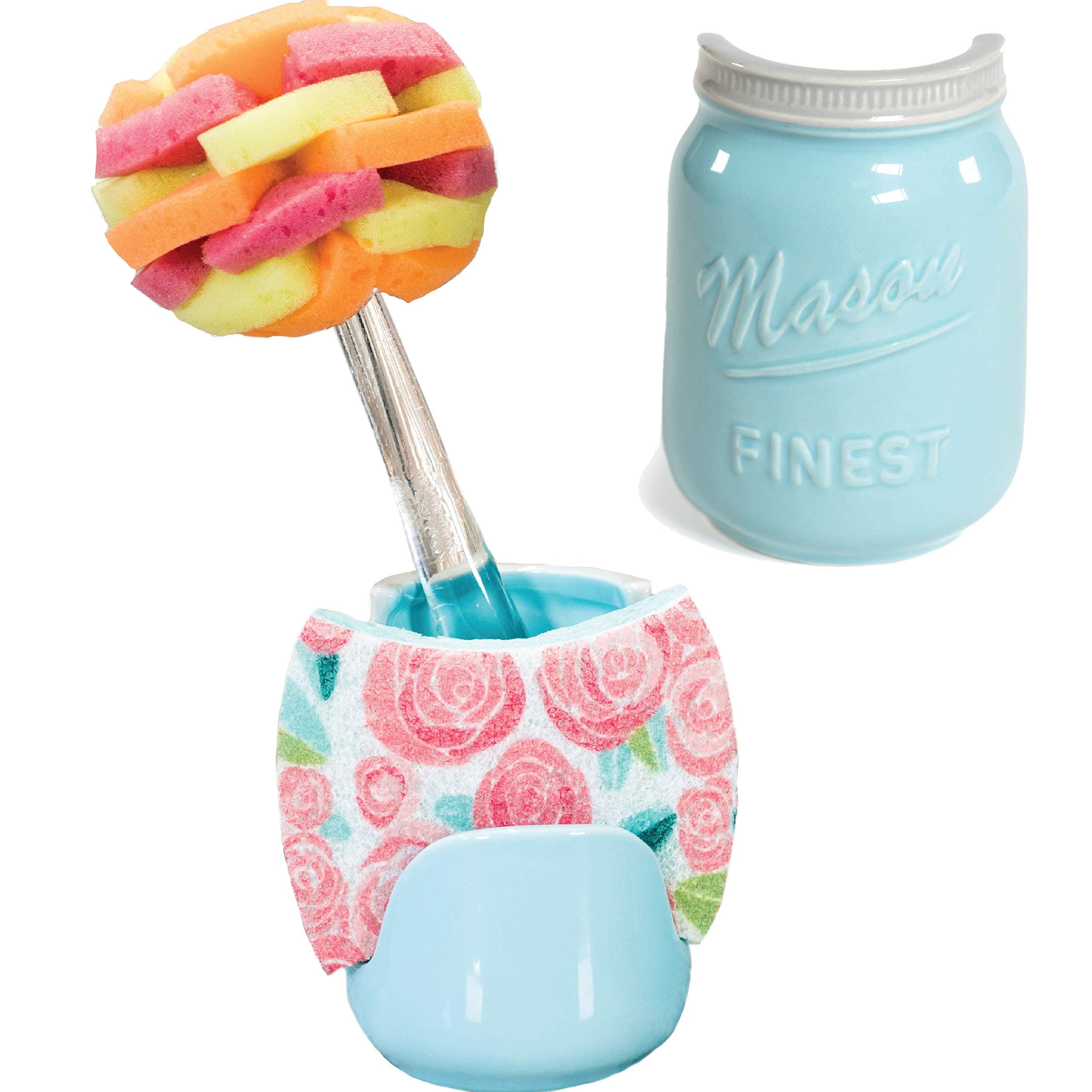 Sparrow Decor Mason Sponge Holder for Kitchen Sink - Rustic Farmhouse Style Ceramic Sponge & Scrub Holder (Blue)