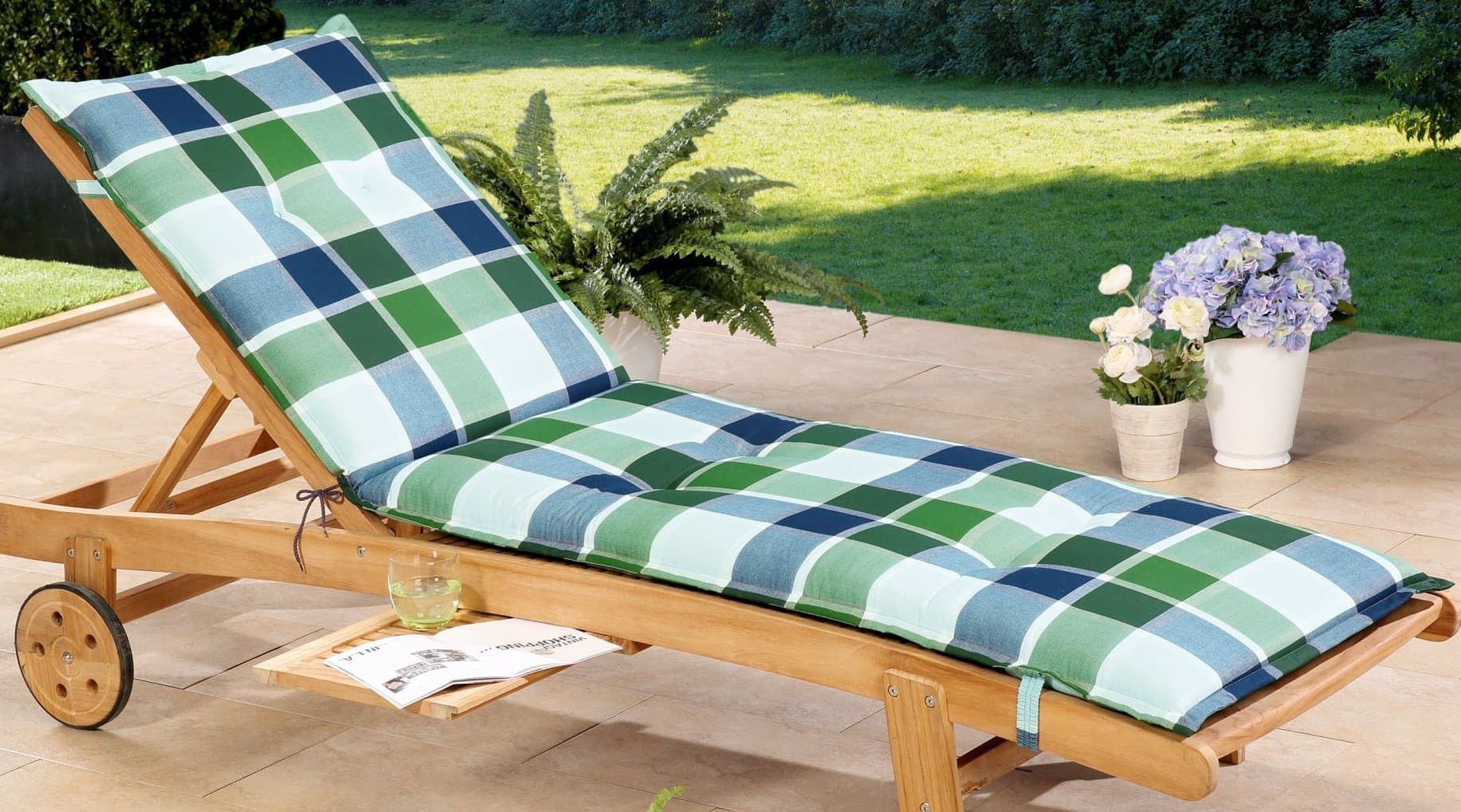 Schwar Textilien Black Fabric Lounger Reclining Garden Chair Sun Lounger Recliner Cushion Sun Lounger Cushion 8 cm thick Karomuster