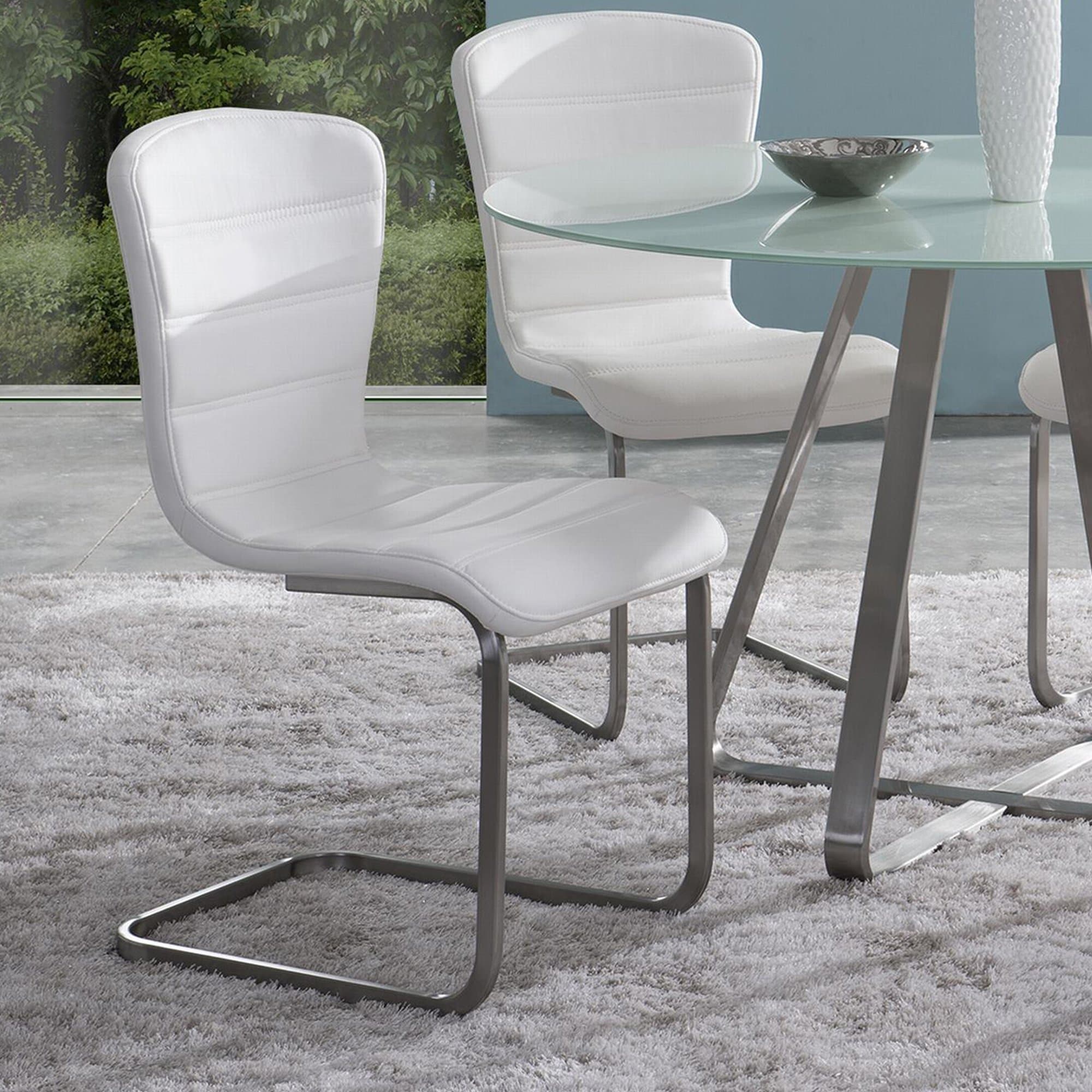 Armen Living LCCASIWH Cameo Dining Chair Set of 2 in White and Brushed Stainless Steel Finish