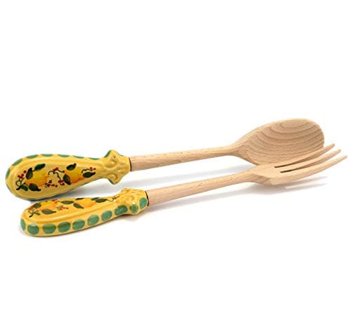 MARIKLA: Utensil Set wood/ceramic (Fork/Spoon) - LEMON Design [#KNC224/L-MRK]