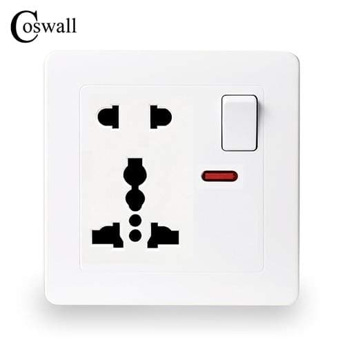 Wall Power Socket 13A 1 Gang Universal 5 Hole Switched Outlet With Red Neon Indicator Brushed Gold Panel - (Type: White, Rated Voltage: 110-250V)