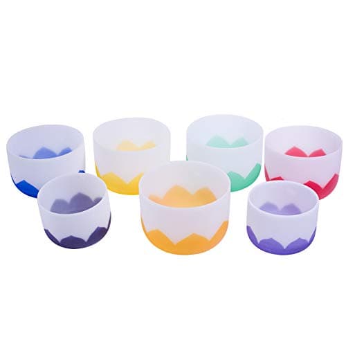 ENERGYSOUND 8"-12" 432Hz Chakra Tuned Set of 7 Lotus Design Frosted Quartz Crystal Singing Bowl