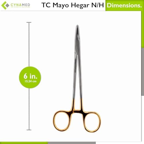 Cynamed TC Mayo Hegar Needle/Suture Holder Driver with Tungsten Carbide Inserts and Gold Rings - Premium Grade Instrument (6 in.)