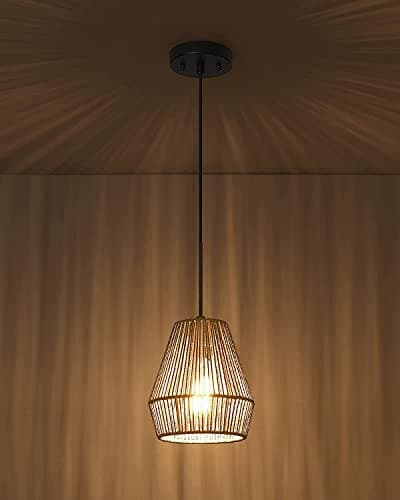 AKWAY Rattan Hanging Light for Living Room | Raffia Seagrass Pendant Lamp for Home Decoration | Bamboo Ceiling Light for Home (Bell Lamp)