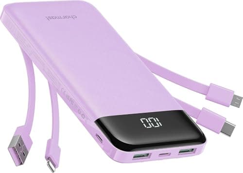 Portable Charger with Built in Cables, Portable Charger with Cords Wires Slim 10000mAh Travel Essentials Battery Pack 6 Outputs 3A High Speed Power Bank for iPhone Samsung Pixel LG Moto iPad (Purple)