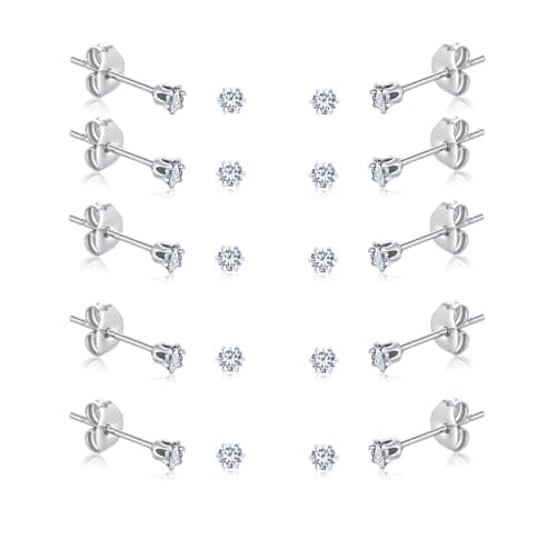 6-10 Pairs Tiny Women's Stainless Steel Round Clear Cubic Zirconia Stud Earrings (2mm 3mm 4mm CZ, Surgical Steel)