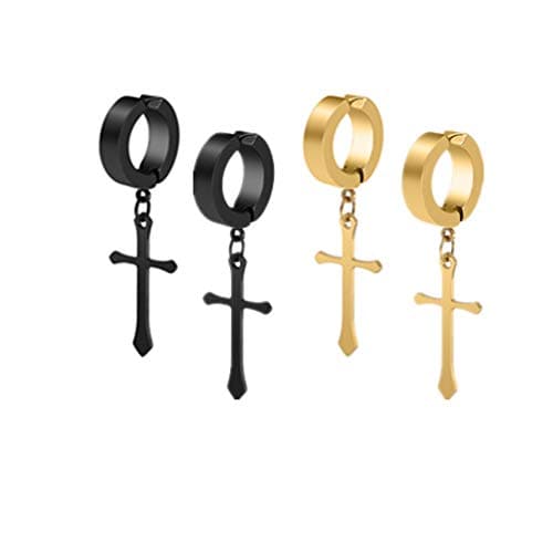 Non-Pierced Clip On Cross Dangle Drop Hoop Hinged Earrings Set for Men Women No Piercing Ear Plug Jewelry for Graduation Easter Christmas