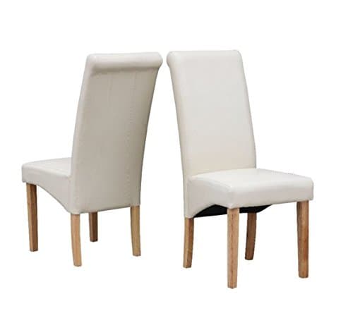 Yopih Furniture Set of 2 Premium Faux Leather Dining Chairs Roll Top Scroll High Back Solid Wood Legs Foam Padded Seat Contemporary Modern Look (Cream)