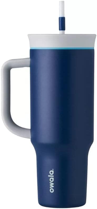 Stainless Steel Triple Layer Insulated Travel Tumbler with Spill Resistant Lid, Straw, and Carry Handle, BPA Free, 40 oz, Dark Blue (Saltwater Starfish)