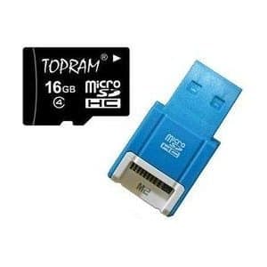 Topram 16GB Class 4 MicroSDHC Card with SD Adapter and R10B Micro USB Flash Card Reader / Writer.