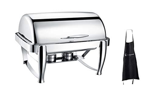 Virtuosa Stainless Steel Oblong 8QT Chafer, Roll-top Set Includes Food Pan, Water Pan and Fuel Holders – Durable, shiny silver, keeps food warm in catered events + CHEFS APRON