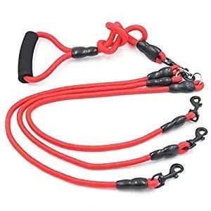 3 Way Dog Leash 3 in 1 Durable Nylon Dog Leash Multiple Dog Leash Triple Dog Leash with Padded Handle, 360° Swivel No Tangle Climbing Rope Removable Pet Traction Rope, Lead for Medium Large Dogs (Red)