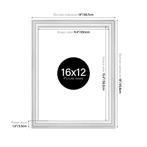 16x12 White Ornate Picture Frame 16"x12"(40.6x30.5cm) Poster, Photo, Artwork, or Print. Elegant Style Portrait and Landscape Display with Wall Hooks