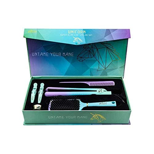 ARIA UNICORN SUPER GLAM SET - STRAIGHTENER, PADDLE BRUSH, TAIL COMB, JAW CLIPS, & PONYTAIL CUFF