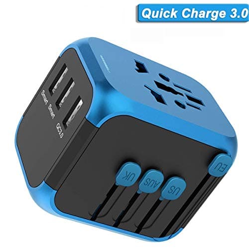 Quick Charge 3.0 Travel Adapter, All in one Universal Travel Adapter, International Travel Adapter with 3 USB+AC Ports, World Travel Plug Adapter Fast Charging for UK, EU, AU, Asia Over 190 Countries