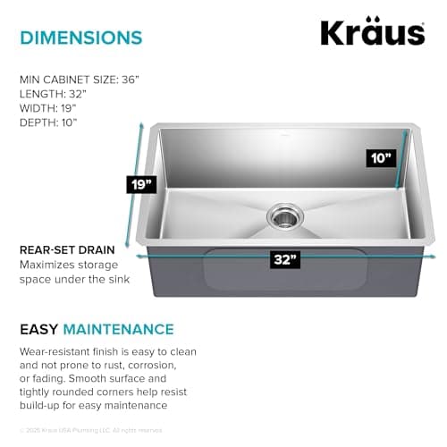 Kraus KHU100-32 32-inch 16 Gauge Undermount Single Bowl Stainless Steel Kitchen Sink