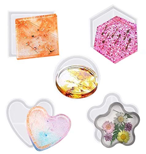 Resin Coaster Molds Silicone, 5 Pack DIY Silicone Coaster Molds for Epoxy Resin Casting - Round, Square, Hexagon, Heart and Flower Molds for Coasters, Flower Pots,Flower Pot Holders,Candle Soap Holder