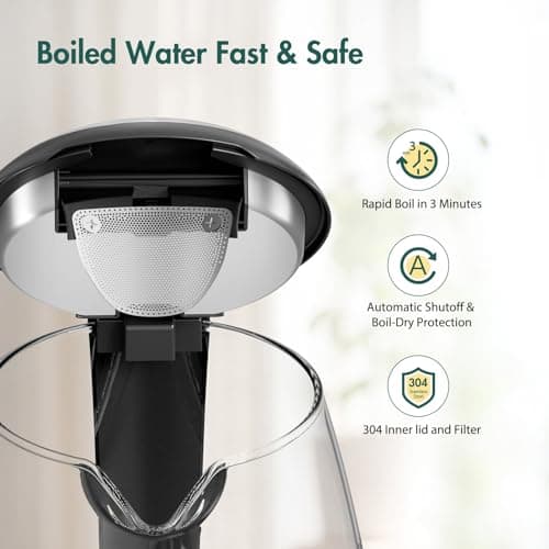 Brightown Electric Glass Kettle for Tea and Coffee, BPA-Free, Fast Boiling, Auto Shut-Off, 1.7 L, 1500W