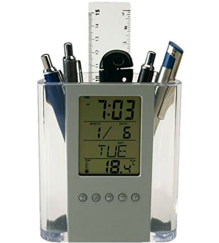 Portable Transparent Pen Pencil Holders LCD Clock with Digital Temperature Calendar Clock Function