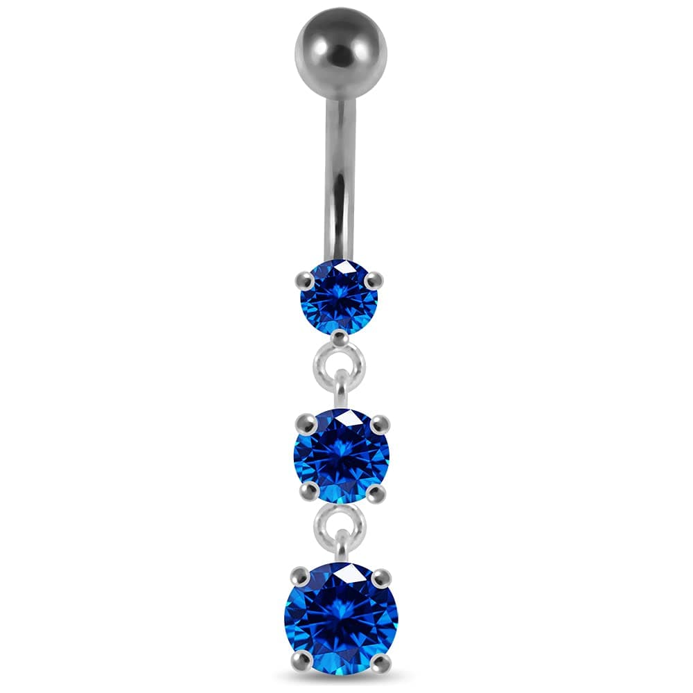 Dark Blue CZ Crystal Stone Triple Round Gems Dangling 925 Sterling Silver Belly Ring Body Jewelry