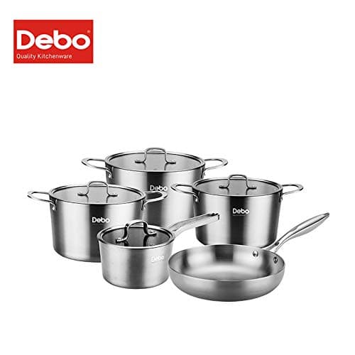 Debo Master Class Cookware Set Stainless Steel Milk Pan Stockpot Saucepan Frying Pan Non-Stick Saucepan Sets with Visible Glass Lid for Induction Gas 5 Pieces…