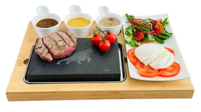 1 x HIGOSHI Bull Engraved Bamboo Board 7 Piece Meat, Fish, Veg or Steak Cooking Hot Stone Set - Sizzling Hot Plate with Spoons