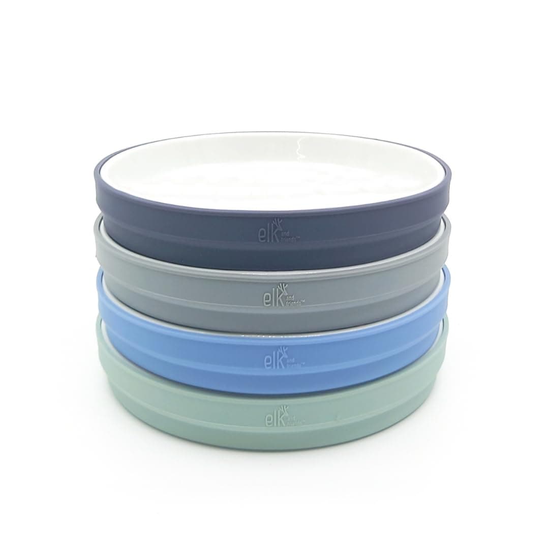 Elk and Friends Kids 7.8” Porcelain White Plates with Silicone Sleeves | Suitable for Babies/Toddlers | Microwave & Dishwasher Safe | Non Slip Dinnerware | Snack Dishes | 4 Pack