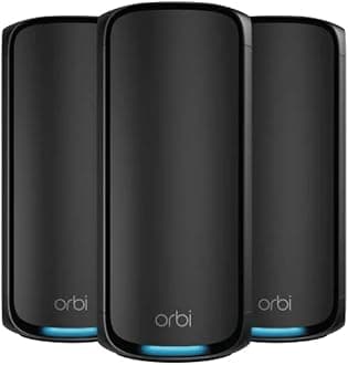 Netgear Orbi 970 Series Quad-Band WiFi 7 Mesh Network System RBE973S, Router + 2 Satellite Extenders, Covers Up to 10,000 sq. ft., 200 Devices, 10 Gig Internet Port, BE27000 Up to 27Gbps - Black