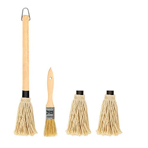 Amityke 18 Inch BBQ Basting Mop with Wood Handle Cotton Head Apply Barbecue Sauce 2 Extra Replacement Heads and 1 Brush for Cooking Roasting Grilling