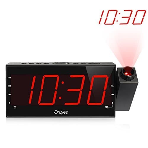 OnLyee Projection Clock with AM/FM Radio, Sleep Timer, Bedroom Desk Wall Ceiling Clock, 7” LED Display, 3 Dimmer, Dual Alarm, USB Charging Port for Travel, Bedrooms, Ceiling, Kitchen, Desk, Shelf
