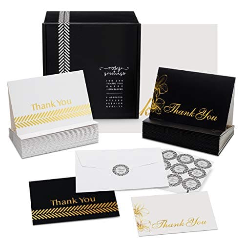 Thank You Cards Bulk Set - 100 4x6 Thank You Notes, Envelopes & Stickers, 4 Gorgeous Designs (25 of Each) Black & Gold, White & Gold, Great for Any Occasion, Wedding, Bridal & Baby Shower Graduation