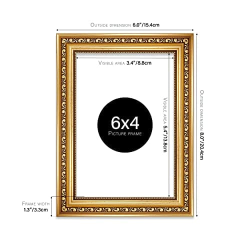 6x4 Gold Ornate Picture Frame 6"x4"(15.2x10.2cm) Poster, Photo, Artwork, or Print. Elegant Style Portrait and Landscape Display with Wall Hooks