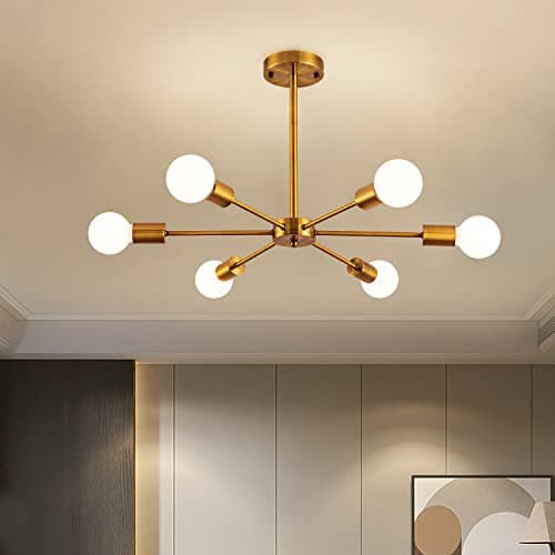 6 Lights Modern Sputnik Chandelier Semi Flush Mount Ceiling Pendant Lighting Mid Century Gold Bronze Industrial Brushed Brass Light Fixture for Kitchen Living Room Dining Room Restaurant