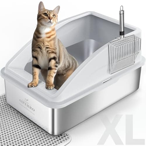 Enclosed XL Extra Large Stainless Steel Cat Litter Box with Lid, Silver, High Sided, Anti-Urine Leakage, Includes Cat Mat and All-Metal Litter Scoop