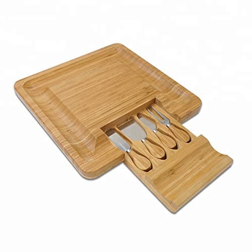 Stephanie Lane - Cheese Board Set, Charcuterie Board, Cheese Cutting Plate, Bamboo Serving Tray with Cutlery Knives in Drawer, Cracker Wood Party Platter