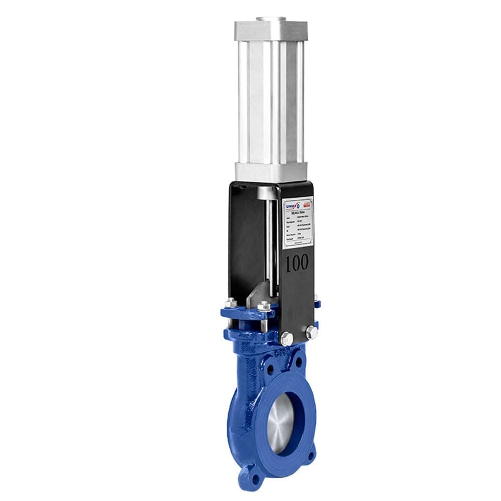 UNOXPneumatic Operated Knife Gate Valve, Bi-Directional Sealing Carbon Steel,Number of Ports 2 Double Acting Pneumatic Piston Max 16Bars,10°C / +110°C Operating Temperature DN200